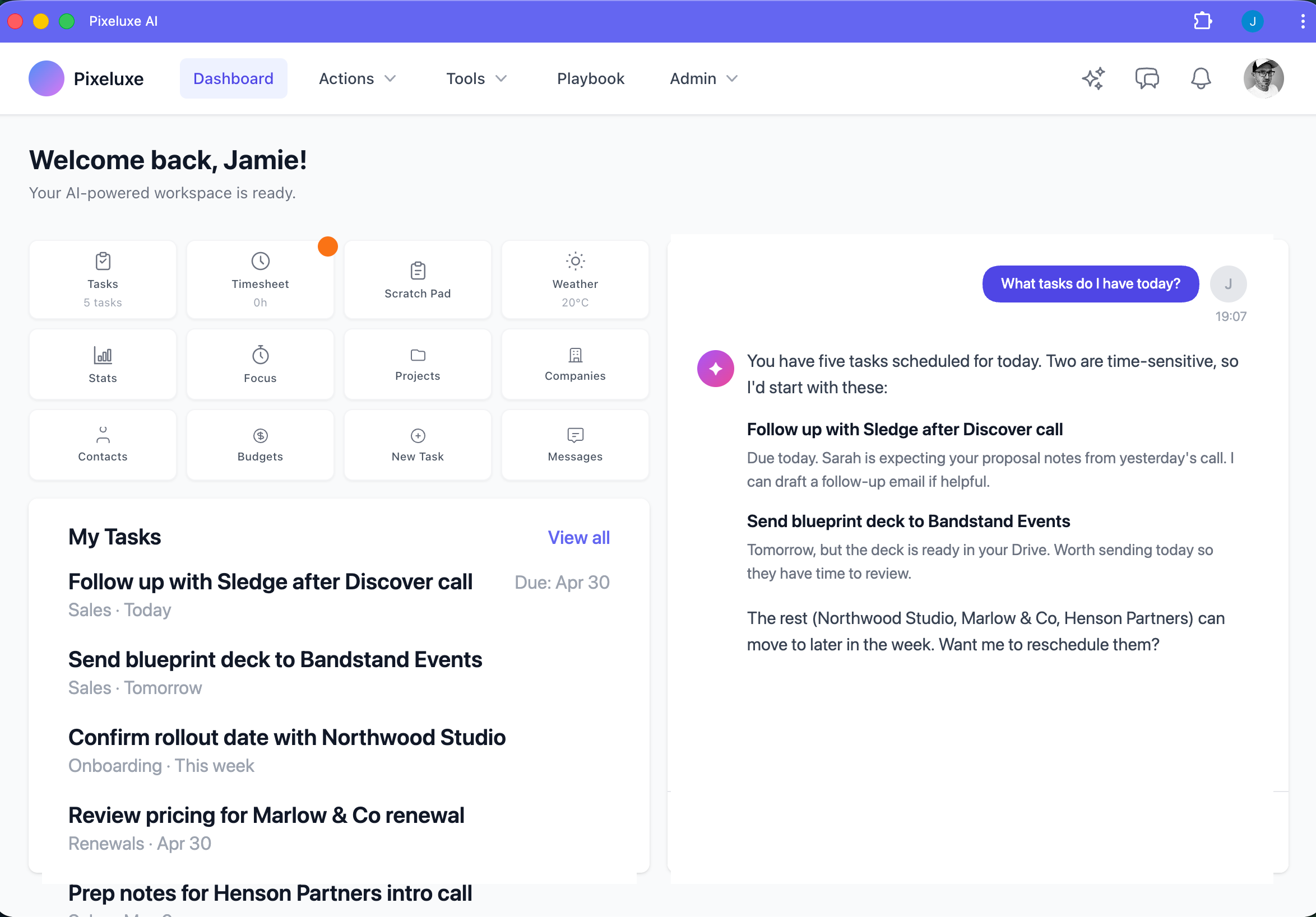 Pixeluxe dashboard showing pipeline, tasks, and AI assistant in a single workspace